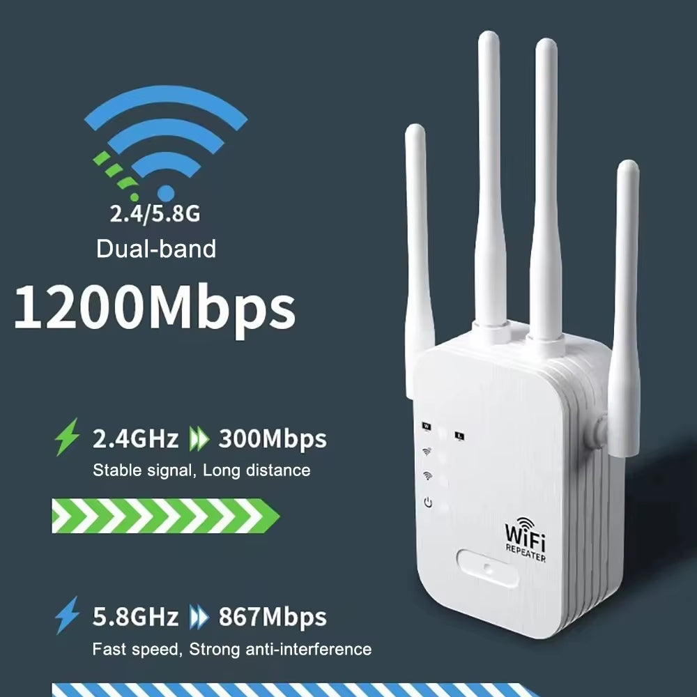 1200Mbps Wifi Repeater Wireless WIFI Extende Wifi Booster 2.4G/5G Dual-Band Network Amplifier Long Range Signal Wifi Router